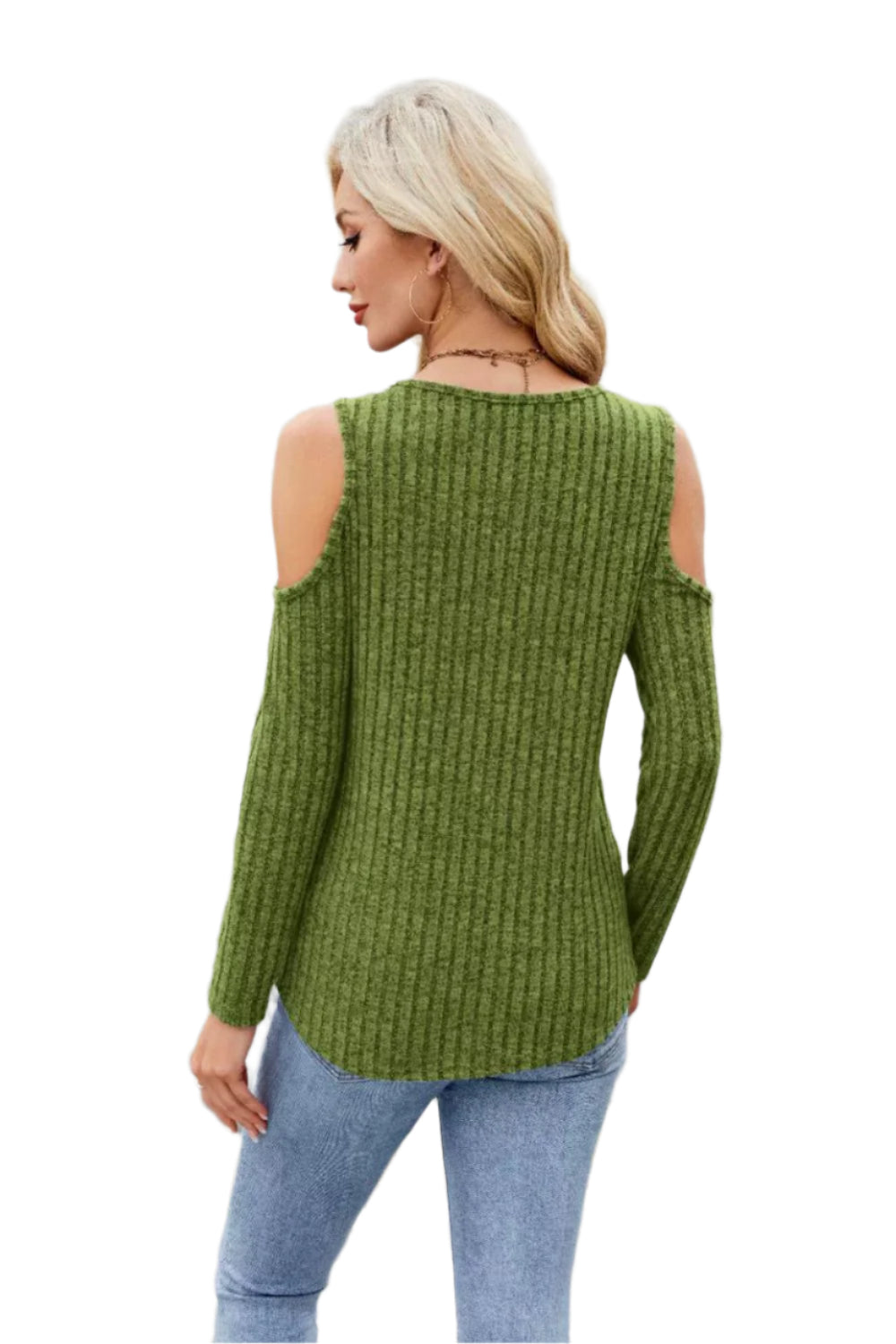 Ribbed Cold Shoulder Long Sleeve Top
