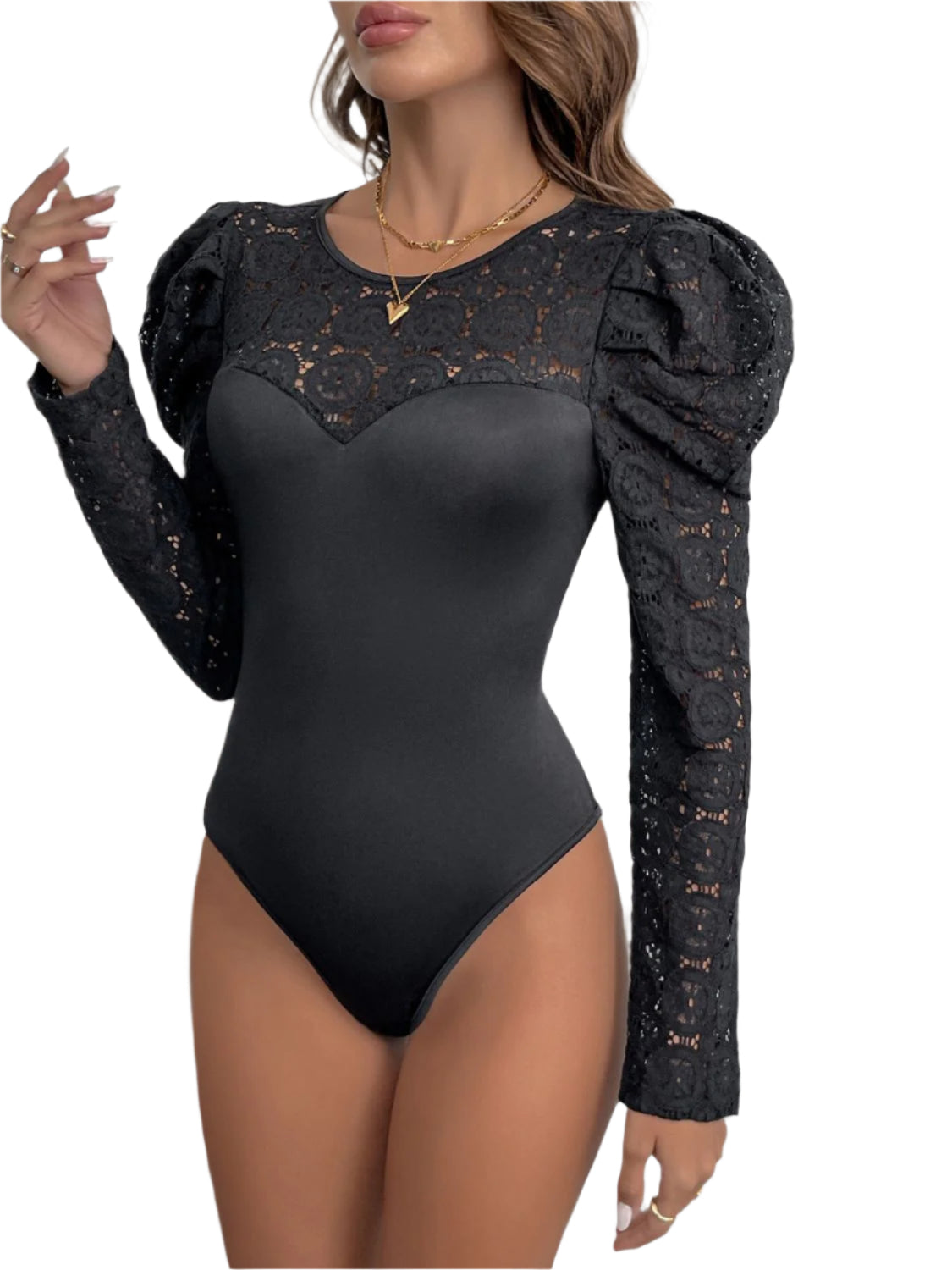 Perfee Lace Round Neck Puff Sleeve Bodysuit