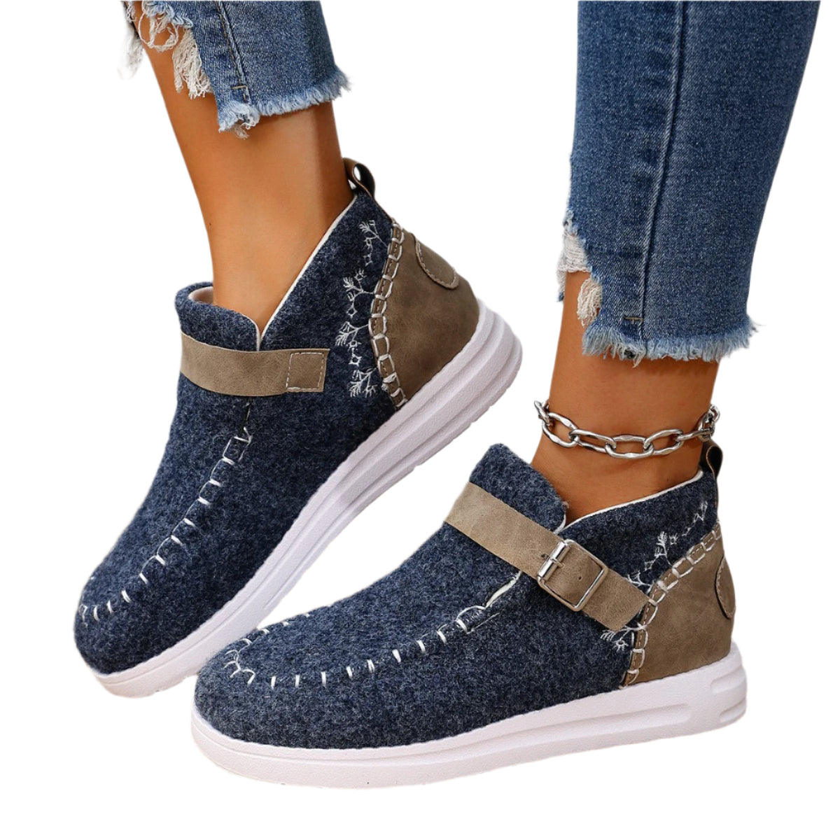 Contrast Round Toe Buckle Sneakers