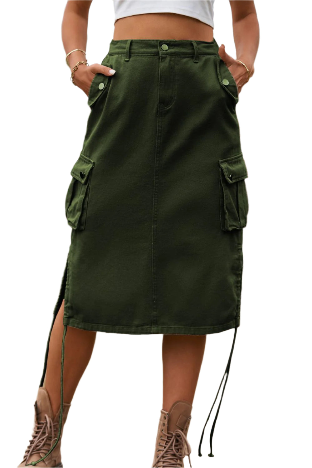 Drawstring Denim Cargo Skirt