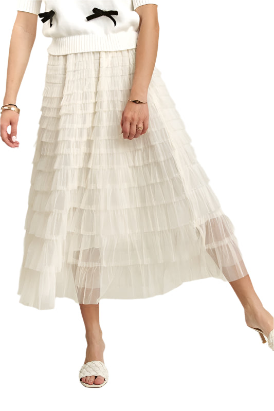 ADORA Elastic Waist Layered Mesh Midi Skirt