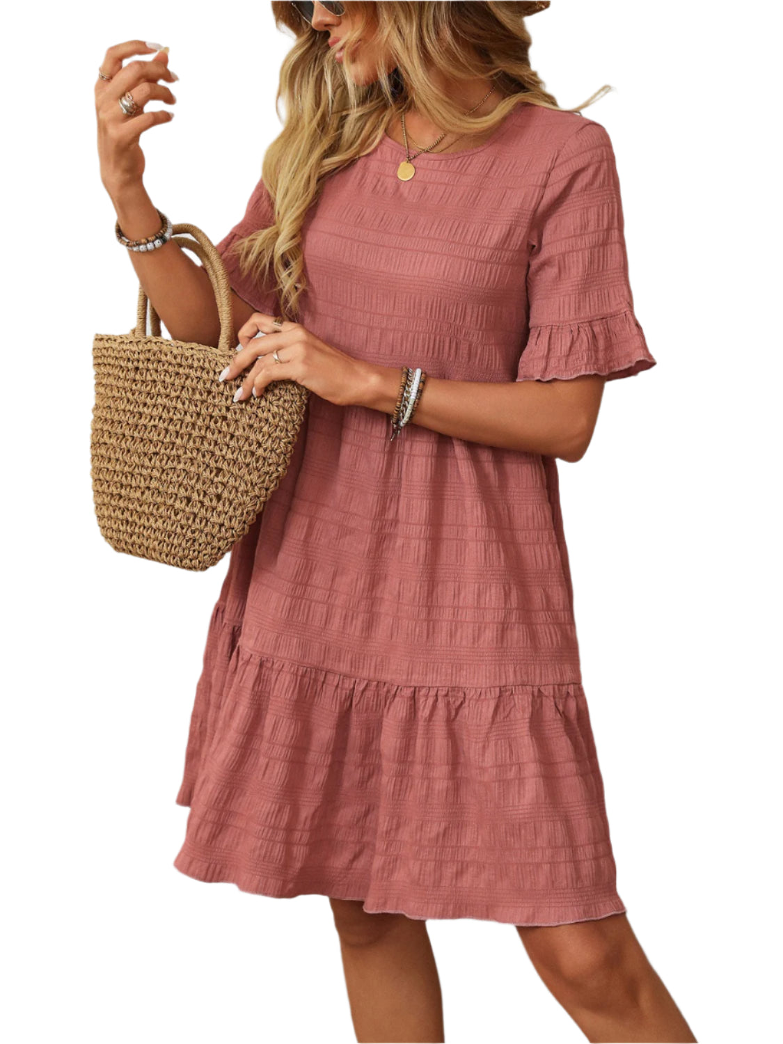 Mandy Ruffled Ruched Round Neck Half Sleeve Dress