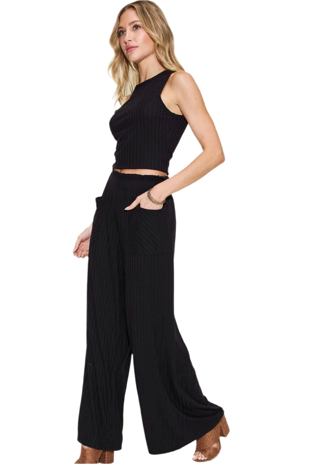 Basic Bae Full Size Ribbed Tank and Wide Leg Pants Set