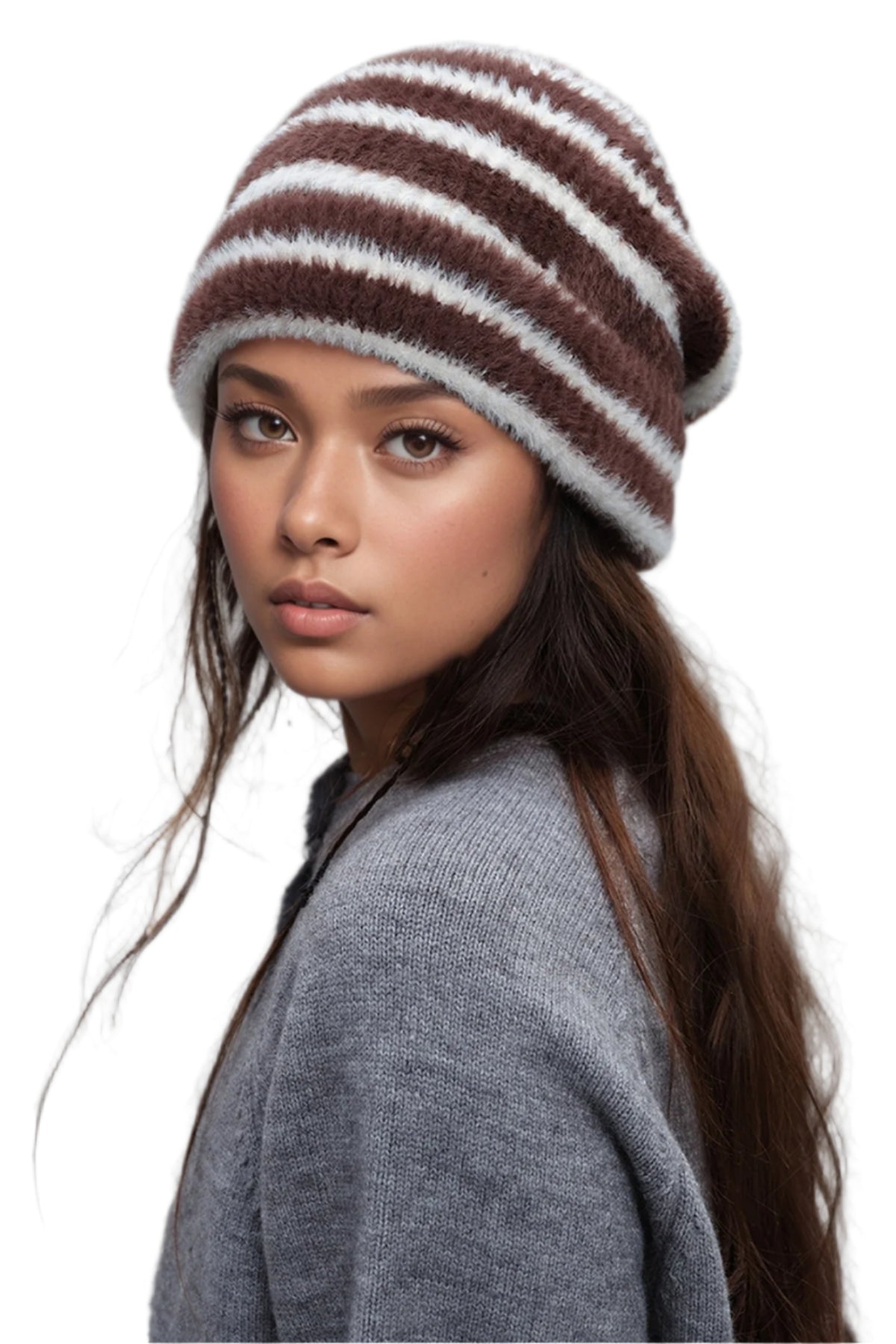 Fuzzy Contrast Striped Thermal Hat