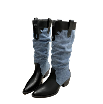 Knee High PU Leather Mixed Material Boots