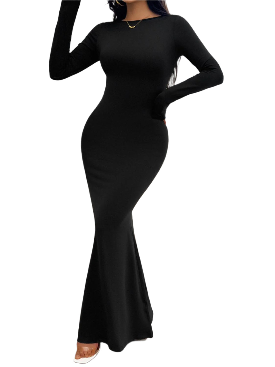 Devine Backless Round Neck Long Sleeve Maxi Dress