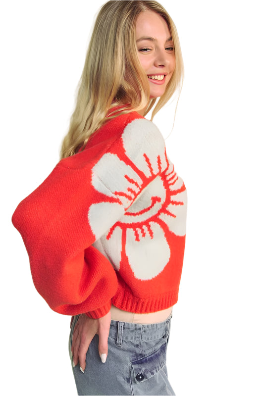 Davi & Dani Flower Contrast Round Neck Long Sleeve Cardigan