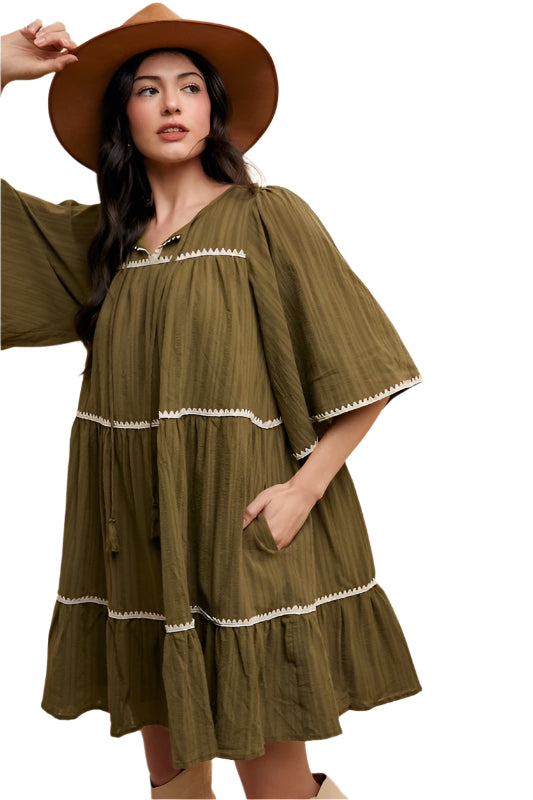 Annie Wear Tassel Contrast Trim Tie Neck Half Sleeve Tiered Dress