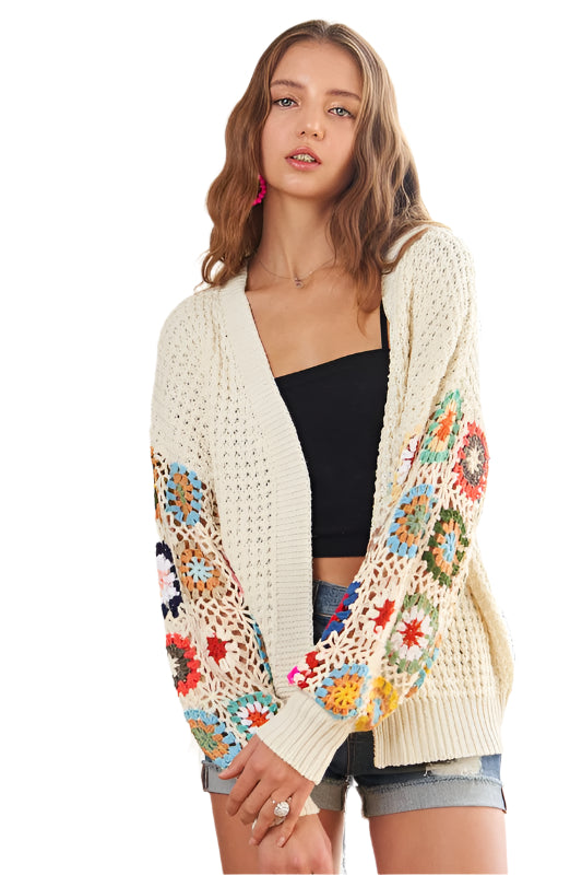 ADORA Plus Size Contrast Crochet Open Front Long Sleeve Cardigan