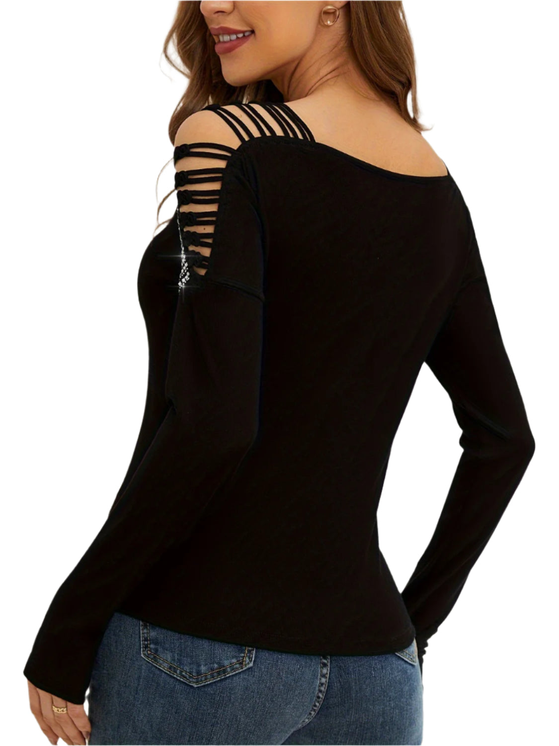 Rhinestone Cutout Long Sleeve T-Shirt