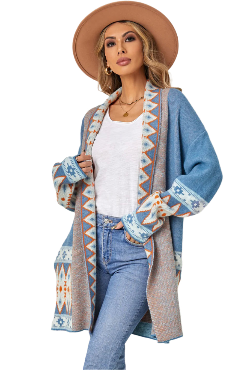Geometric Open Front Long Sleeve Cardigan