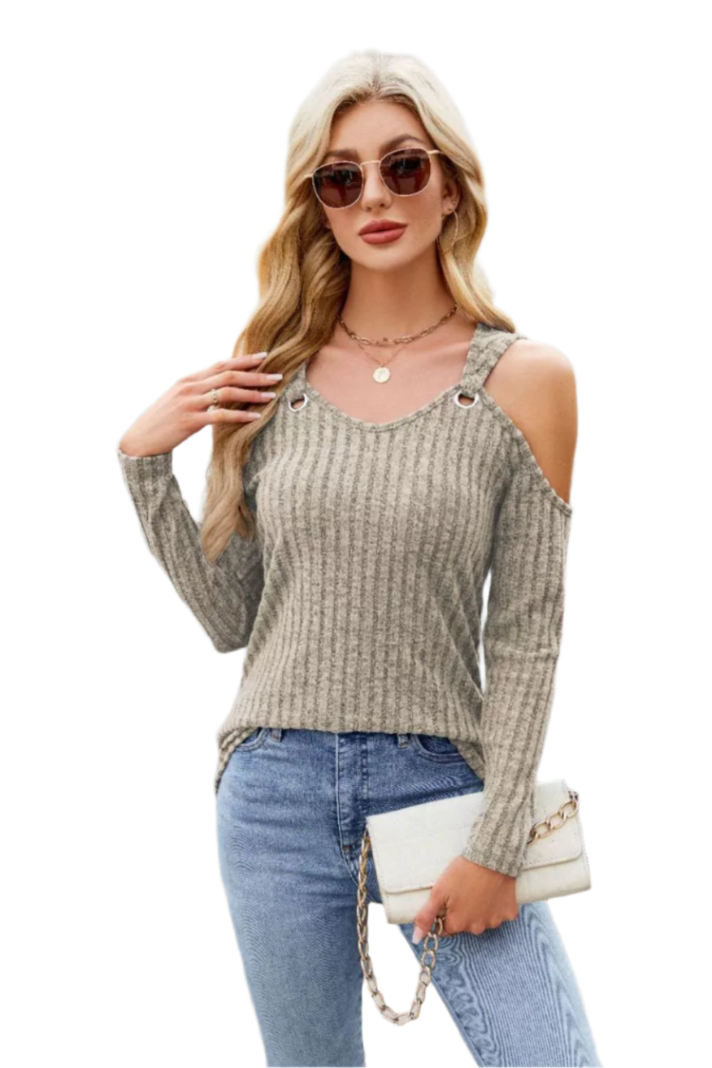 Ribbed Cold Shoulder Long Sleeve Top