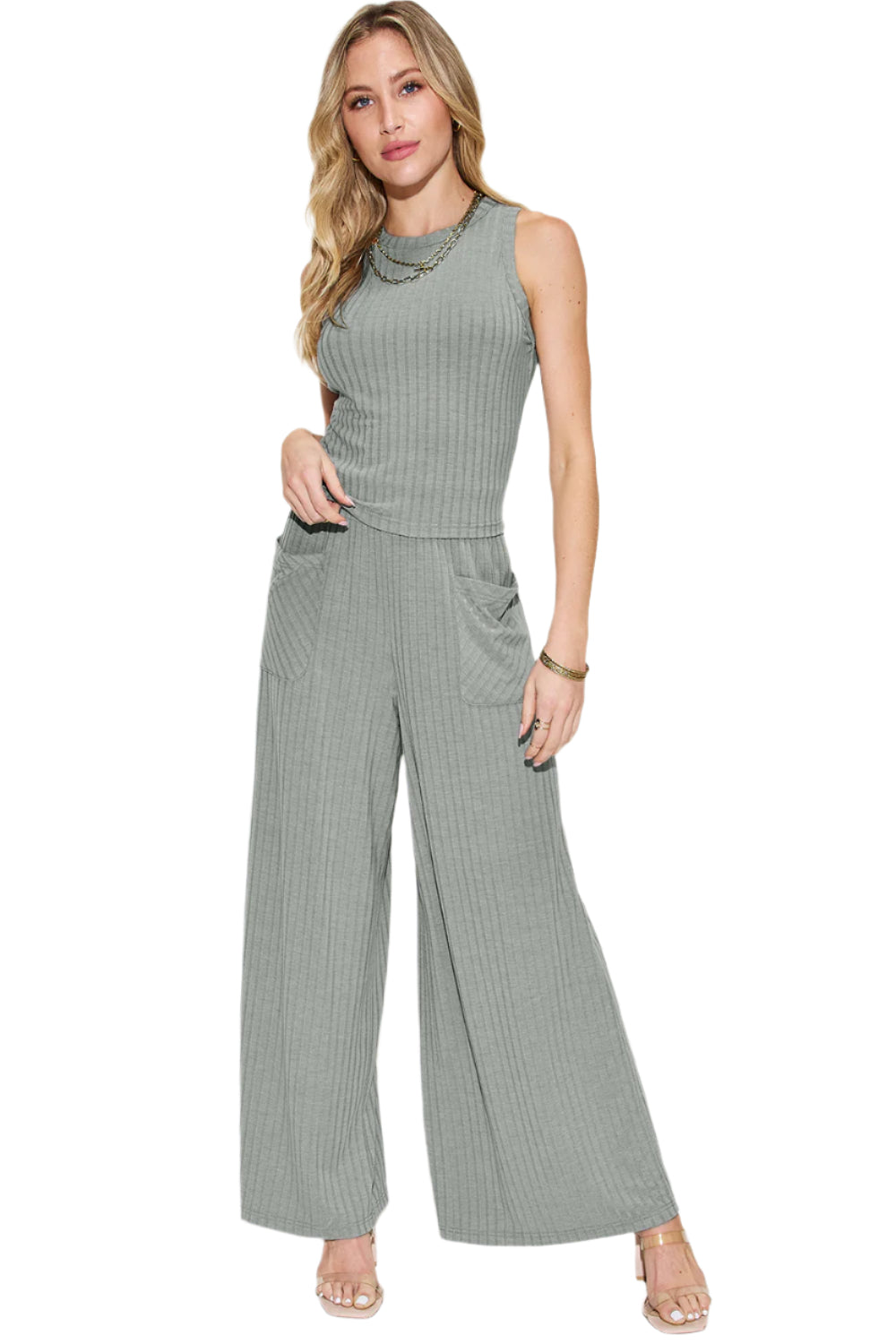 Basic Bae Full Size Ribbed Tank and Wide Leg Pants Set