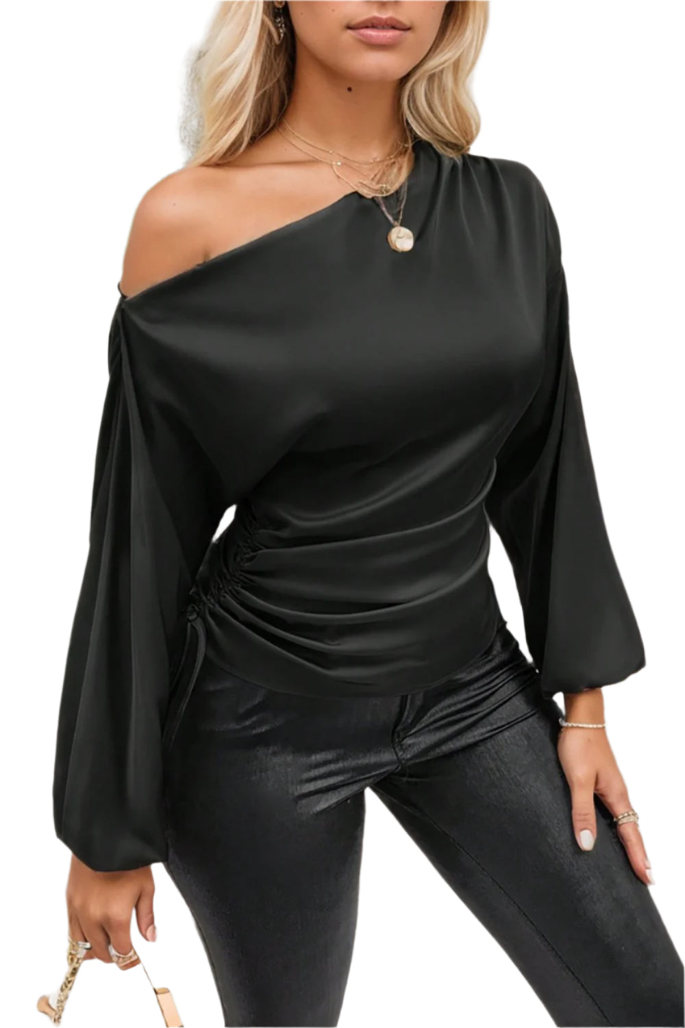 Drawstring One Shoulder Long Sleeve Blouse
