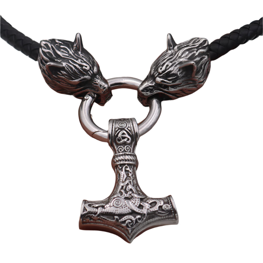Cowhide Leather Double Braided Necklace with Stainless Steel Wolf Heads Holding a Mjolnir Pendant