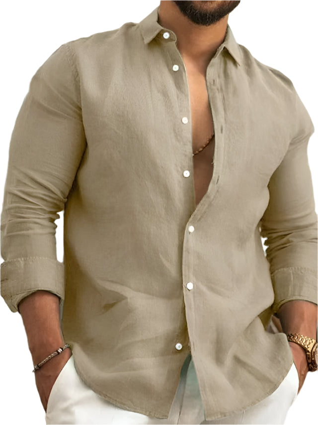 Solid Color Linen Men's Button Down Collard Shirt