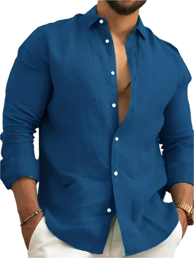 Solid Color Linen Men's Button Down Collard Shirt