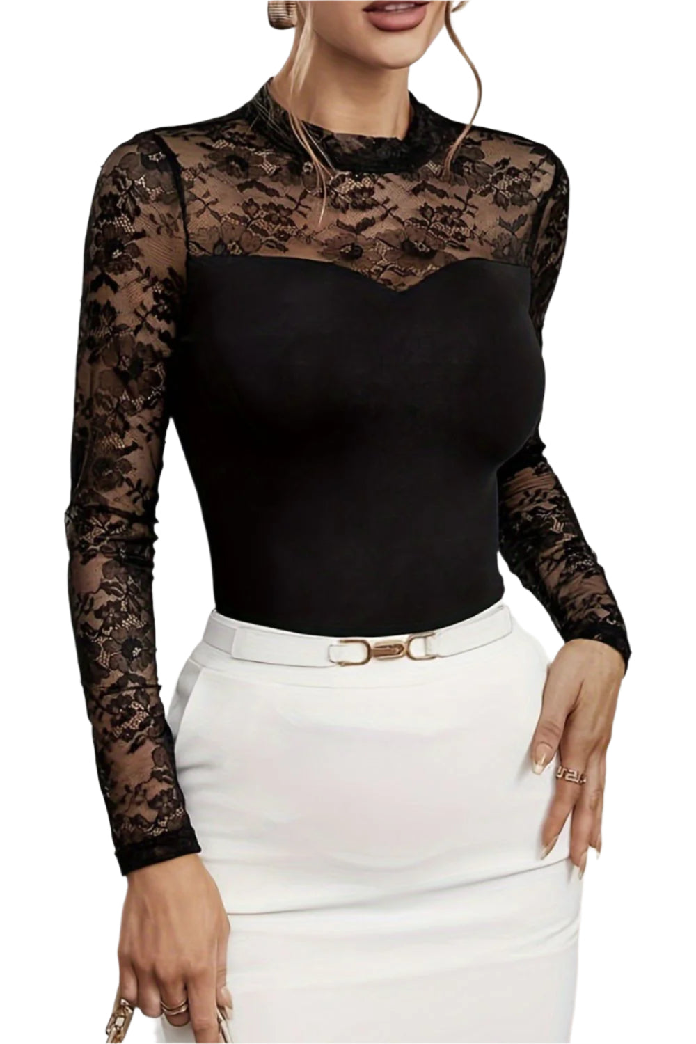 Lace Patchwork Mock Neck Long Sleeve Blouse
