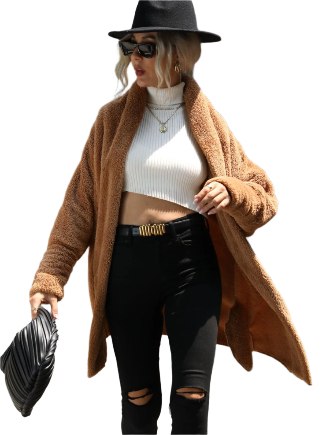 Open Front Hooded Teddy Coat
