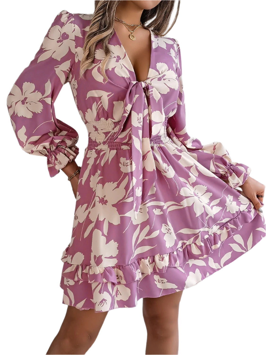 Tied Ruffled Printed Long Sleeve Dress