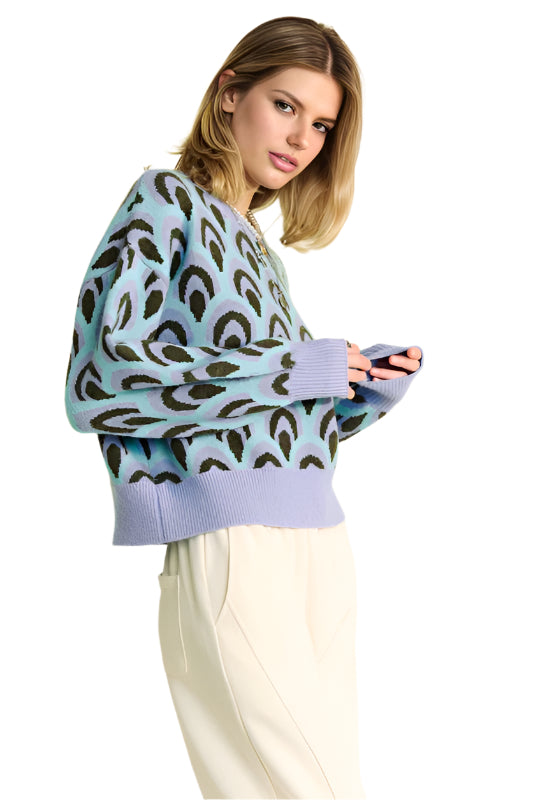 Davi & Dani Scale Jacquard Round Neck Drop Shoulder Sweater