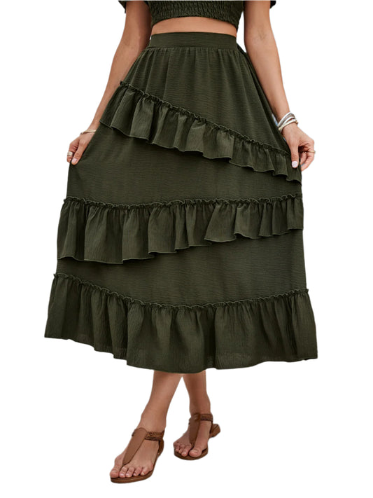 Honey Ruffled Elastic Waist Midi Skirt