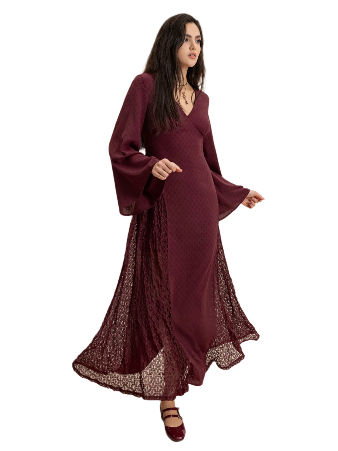 Lace Patchwork V-Neck Long Sleeve Midi Dress