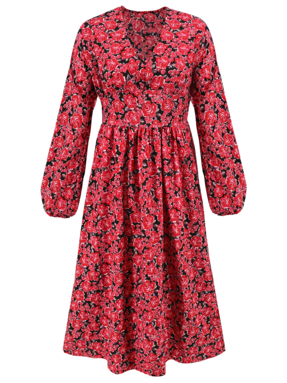 Floral V-Neck Long Sleeve Midi Dress