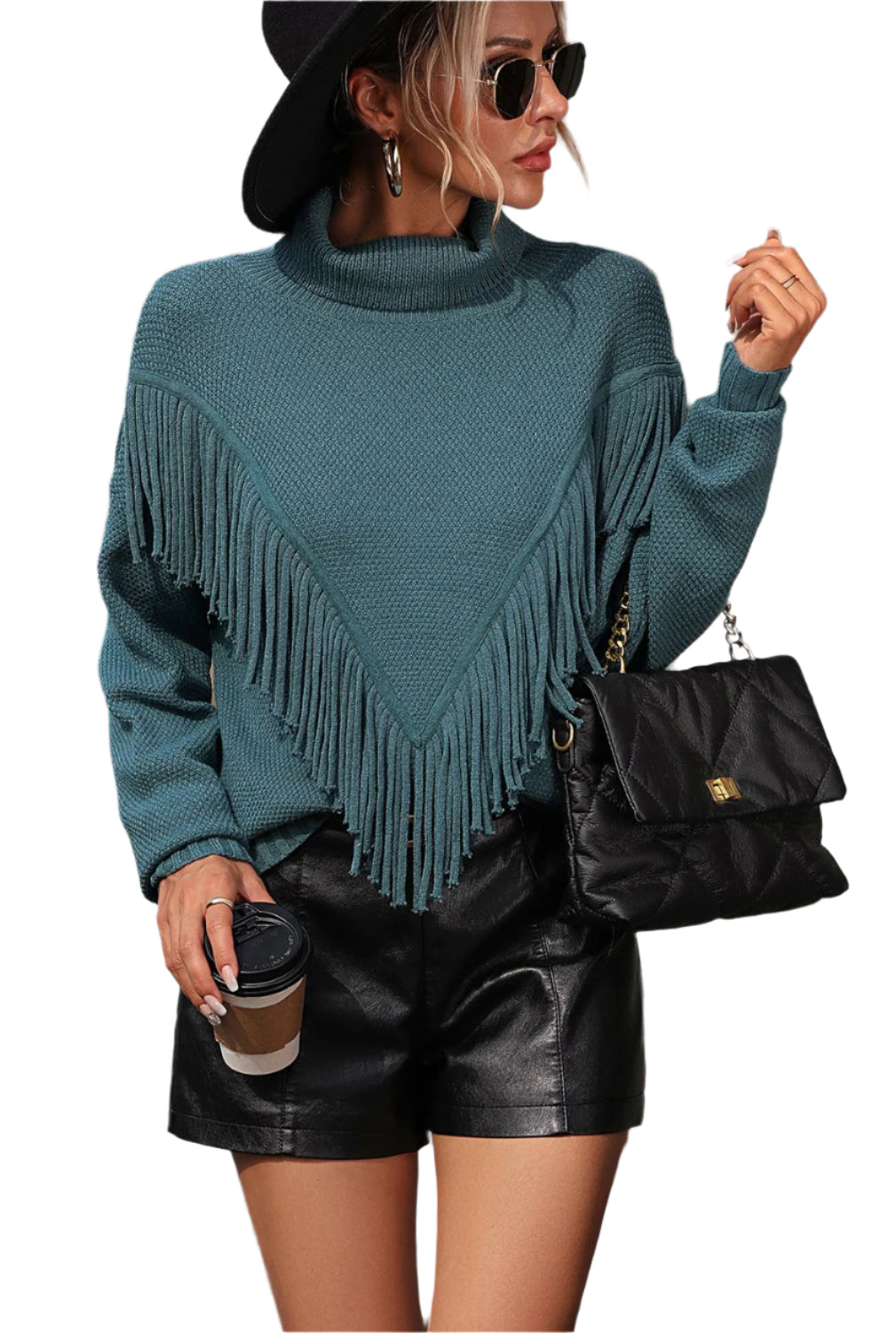 Turtle Neck Tassel Front Long Sleeve Pullover Sweater