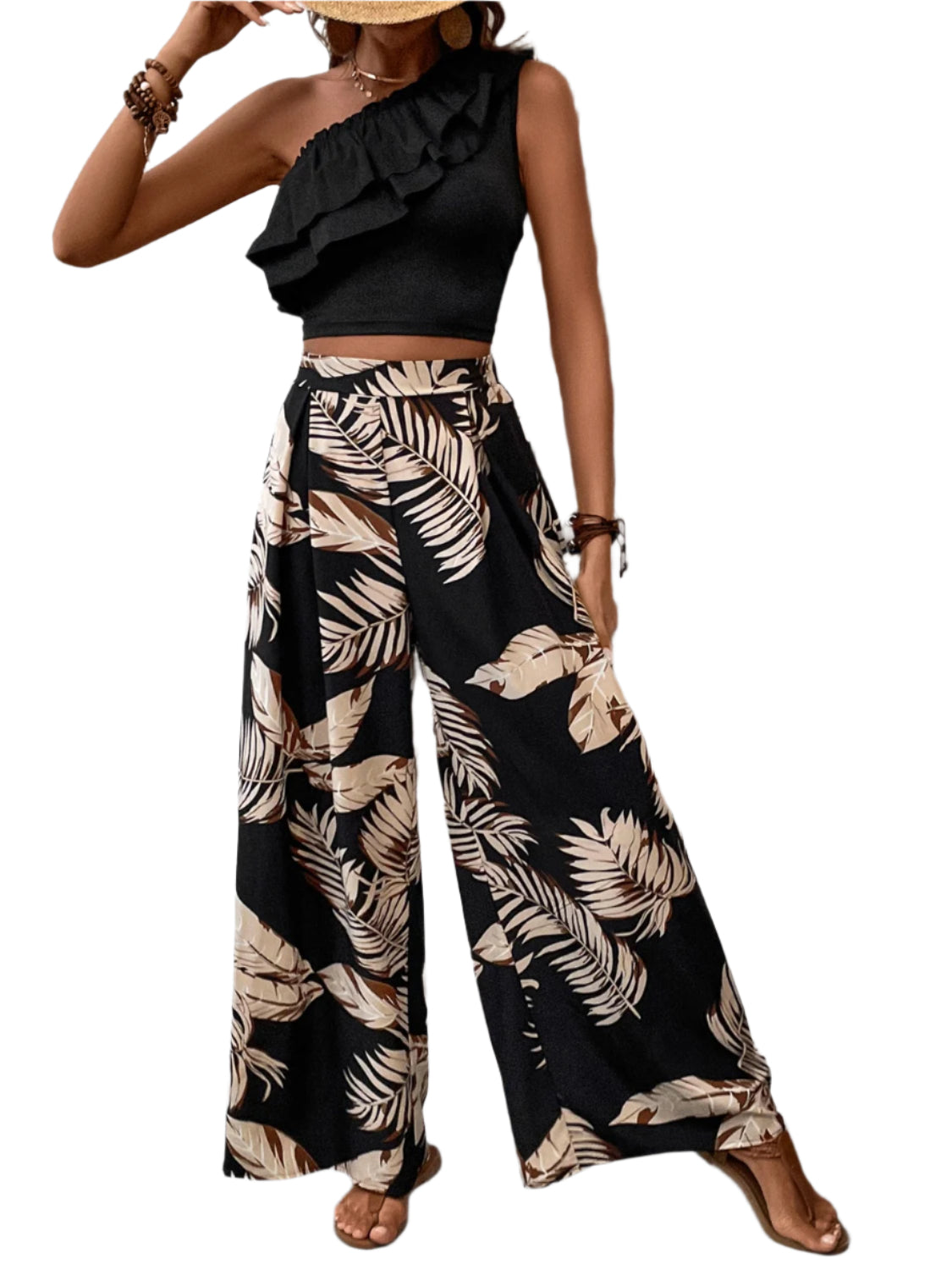 Honey Ruffled Sleeveless Top and Printed Pants Set
