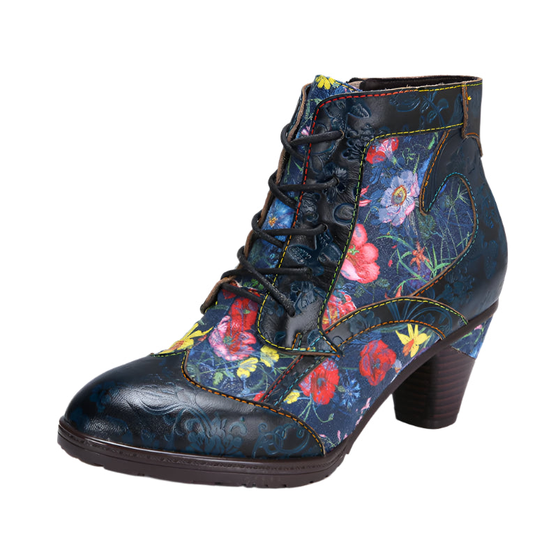 Cowhide Side Zipper Floral High Heel Ankle Boots