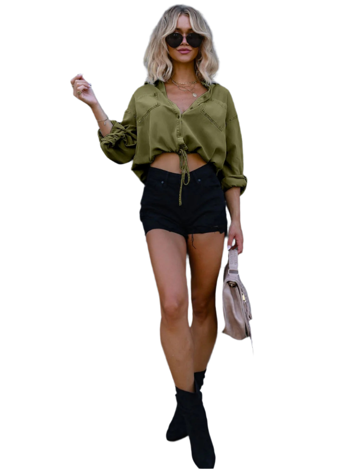 Drawstring Pocketed Button Up Denim Top