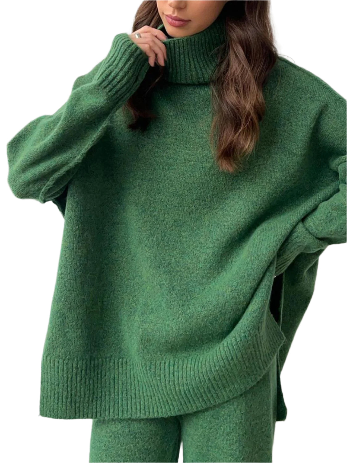Slit Turtleneck Long Sleeve Top and Pants Sweater Set