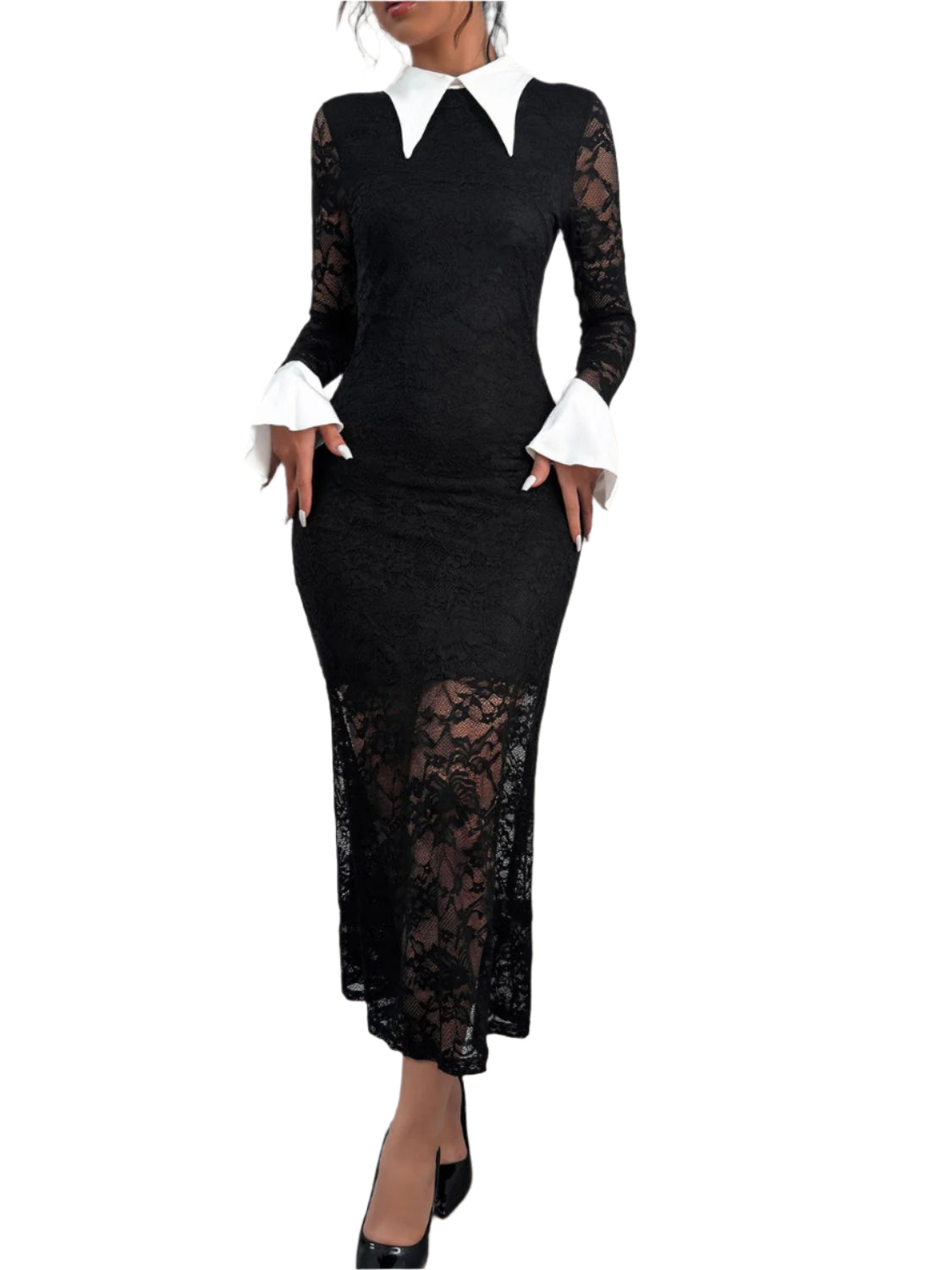 Perfee Lace Contrast Collared Neck Long Sleeve Midi Dress