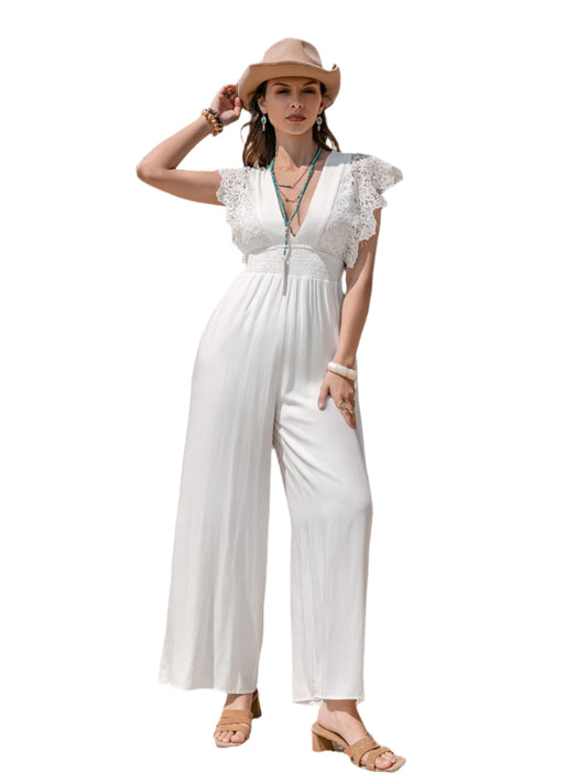 Lace Detail Plunge Cap Sleeve Jumpsuit