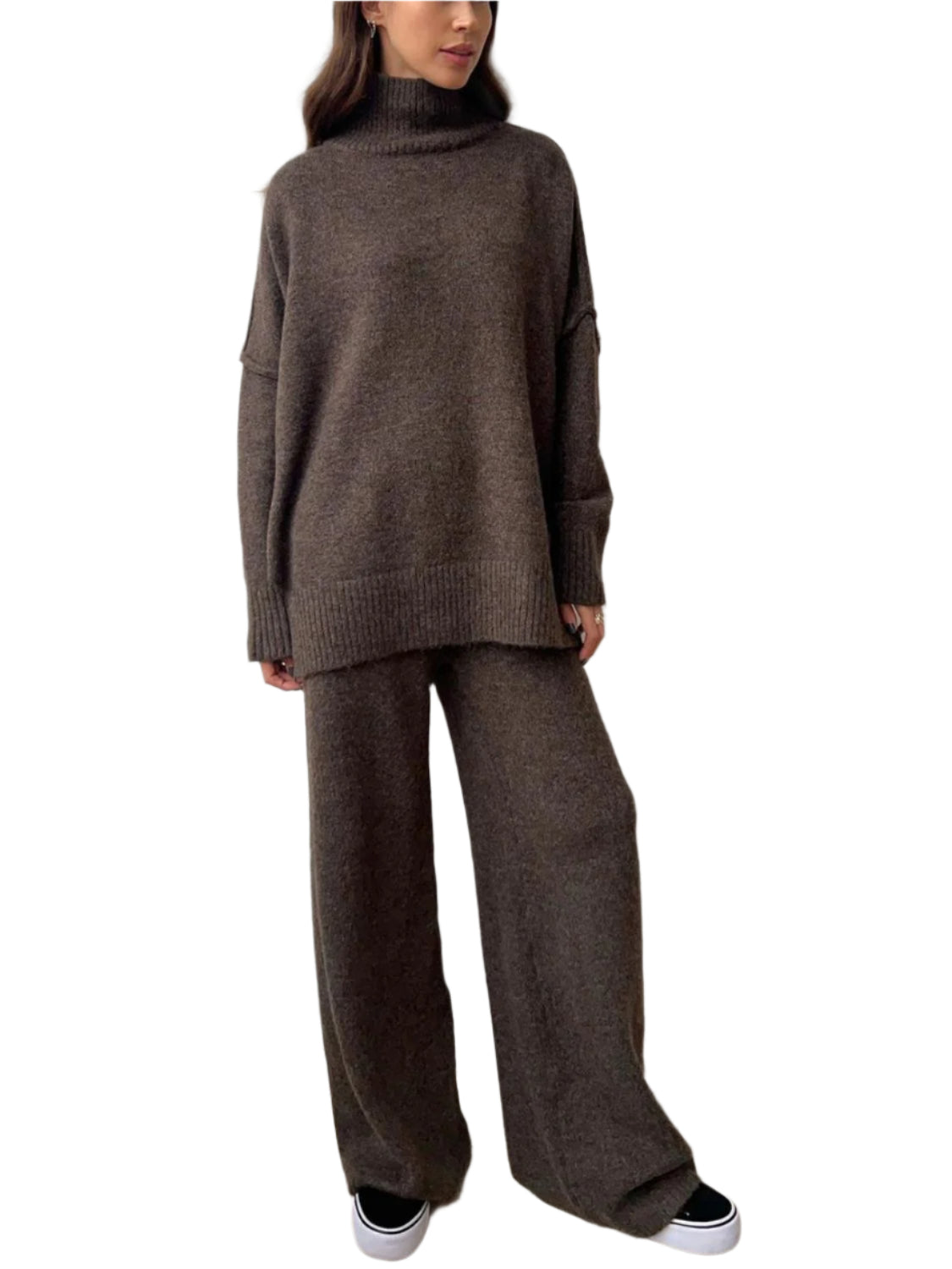 Slit Turtleneck Long Sleeve Top and Pants Sweater Set