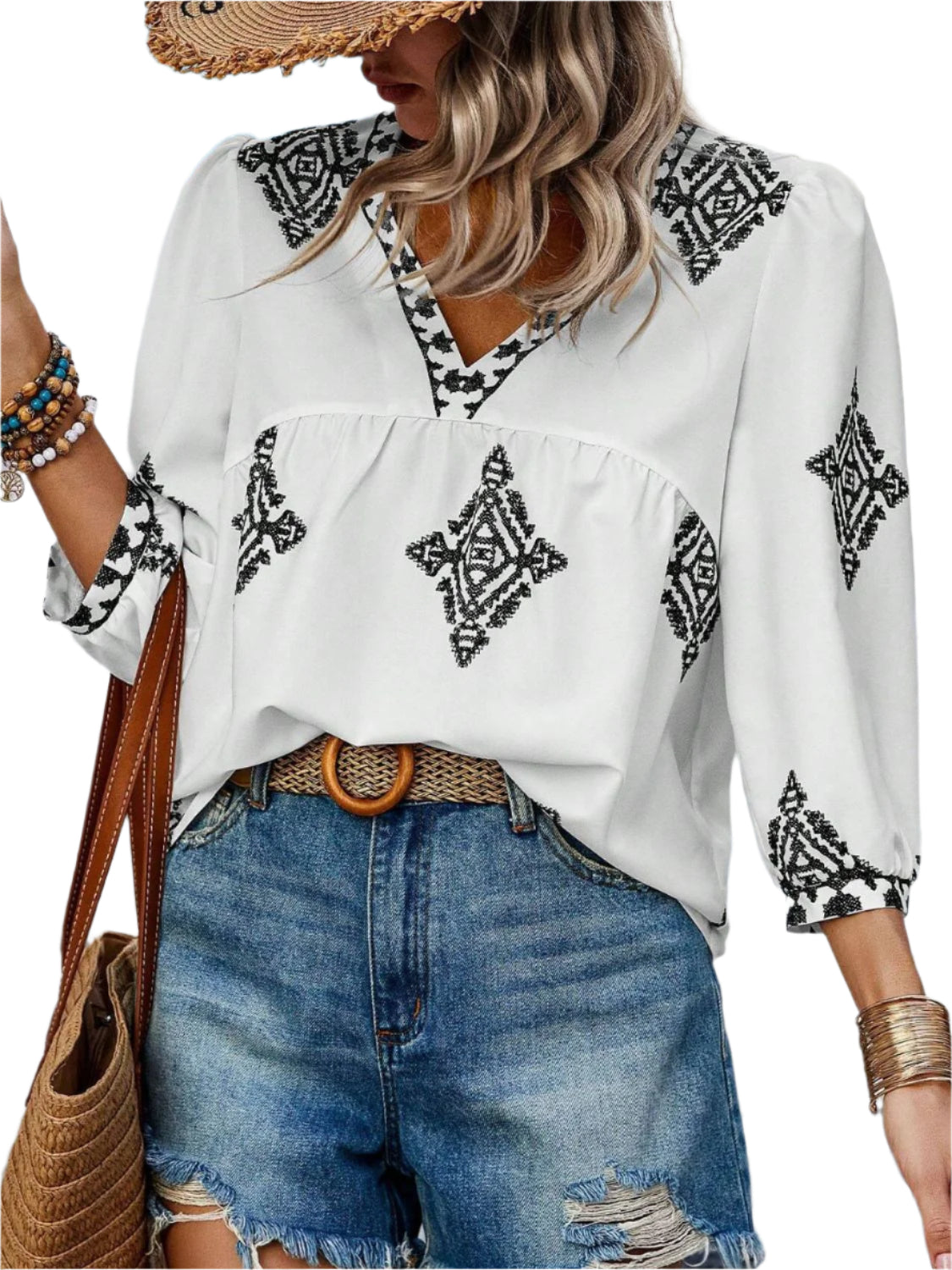 Printed V-Neck Three-Quarter Sleeve Blouse