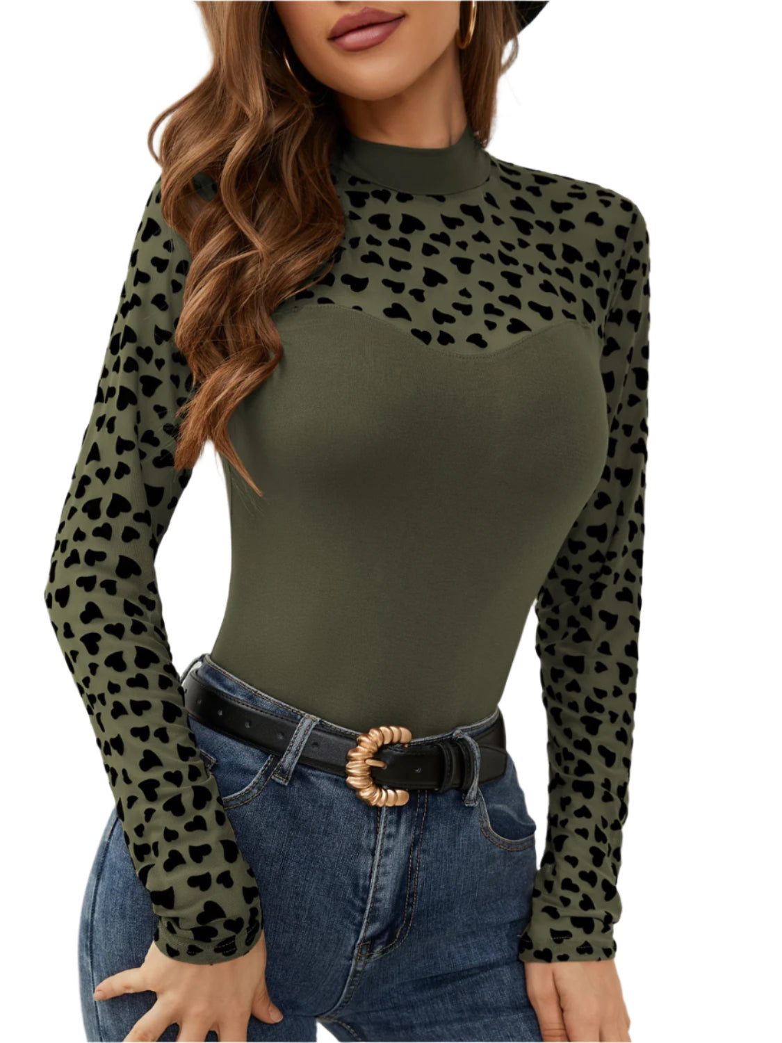Heart Mock Neck Long Sleeve T-Shirt
