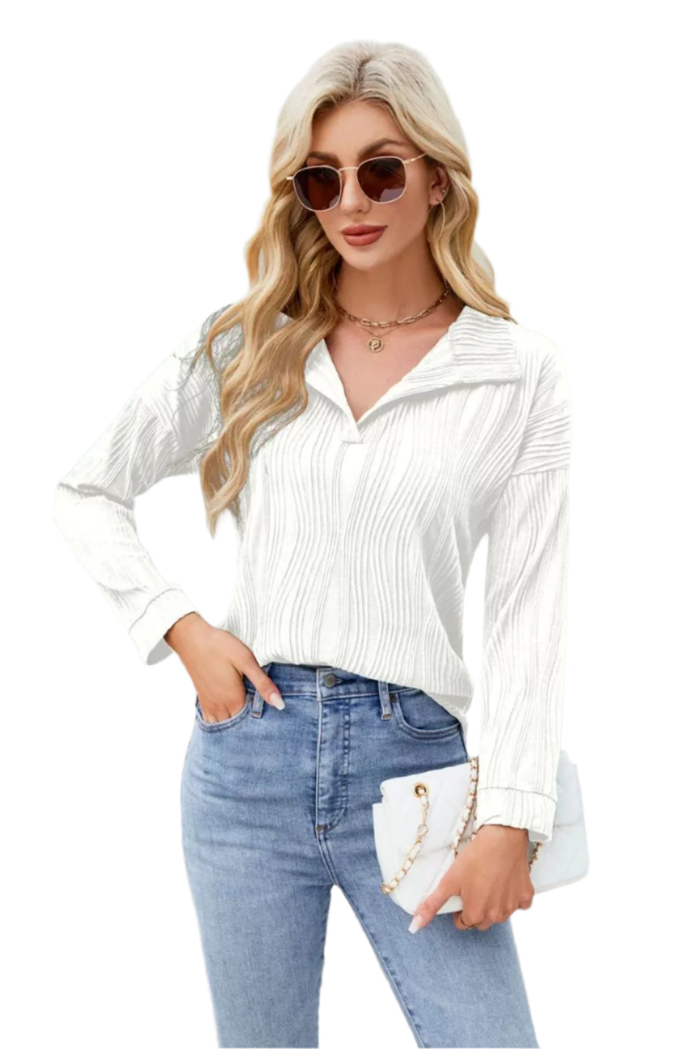 Texture Collared Neck Long Sleeve Blouse