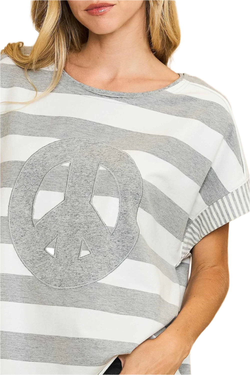 Umgee Peace Sign Patch Striped French Terry T-Shirt