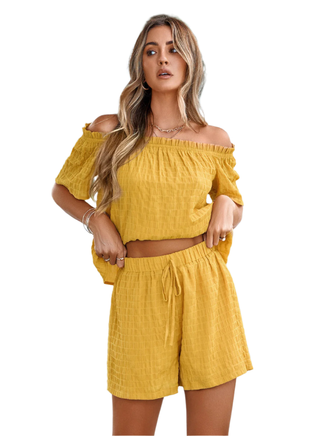 Full Size Off-Shoulder Short Sleeve Top and Tied Shorts Set