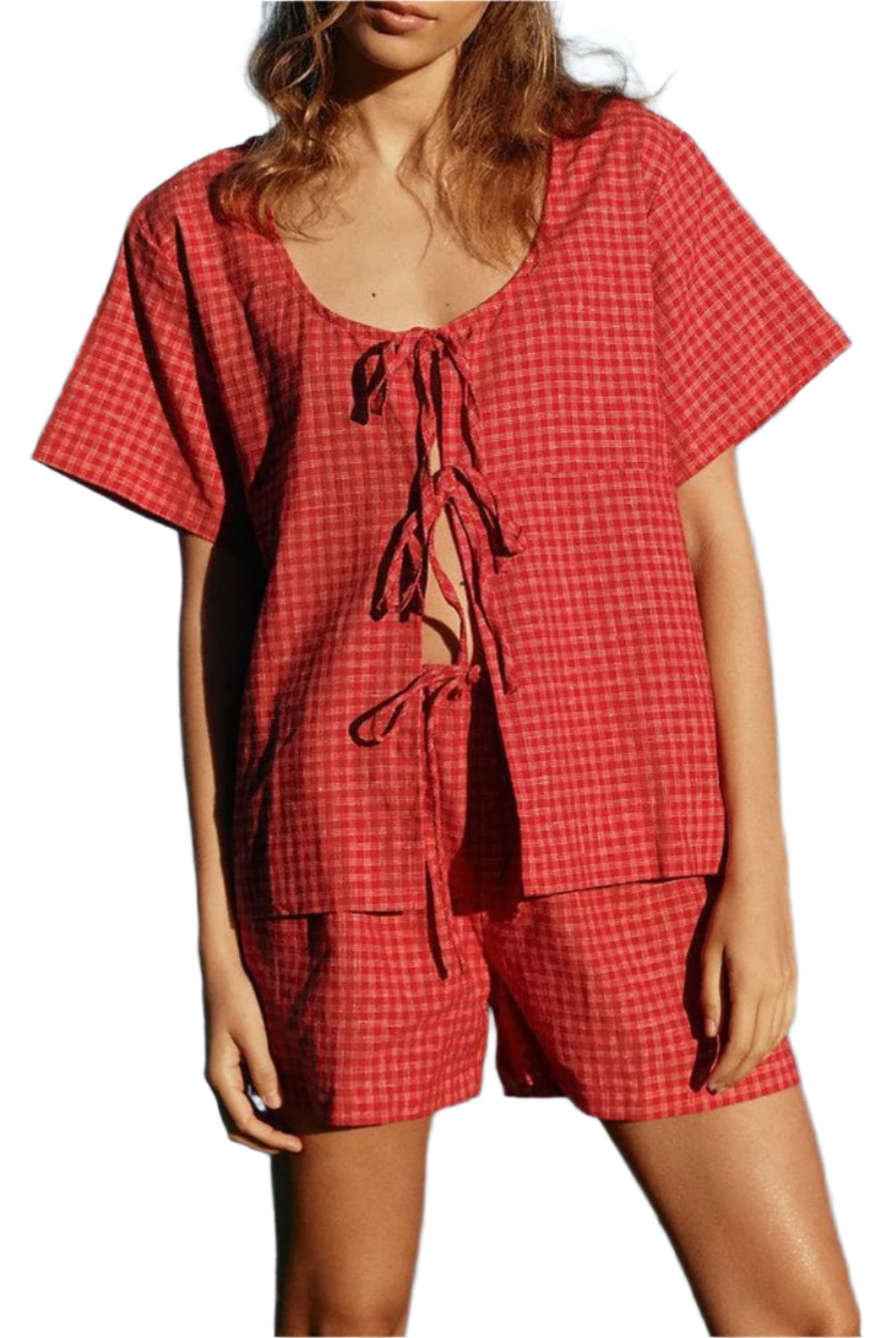 Plaid Tied Scoop Neck Short Sleeve Top and Drawstring Shorts Set