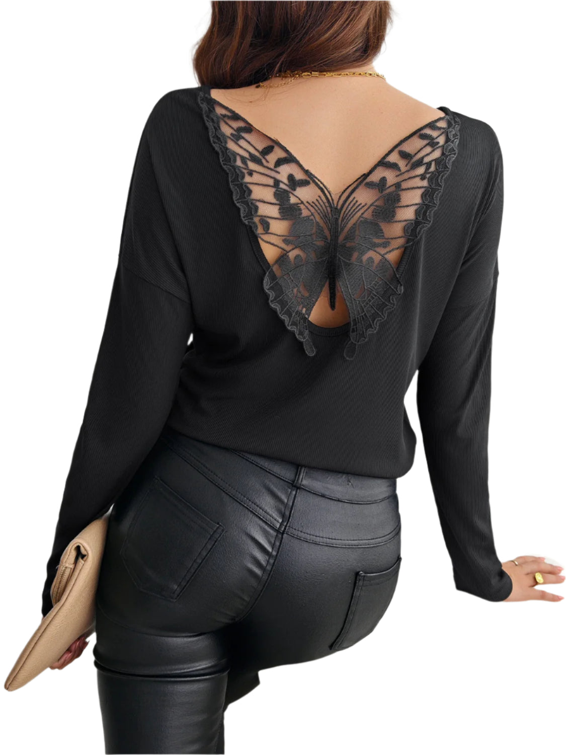 Lace Detail Butterfly Back Round Neck Long Sleeve T-Shirt