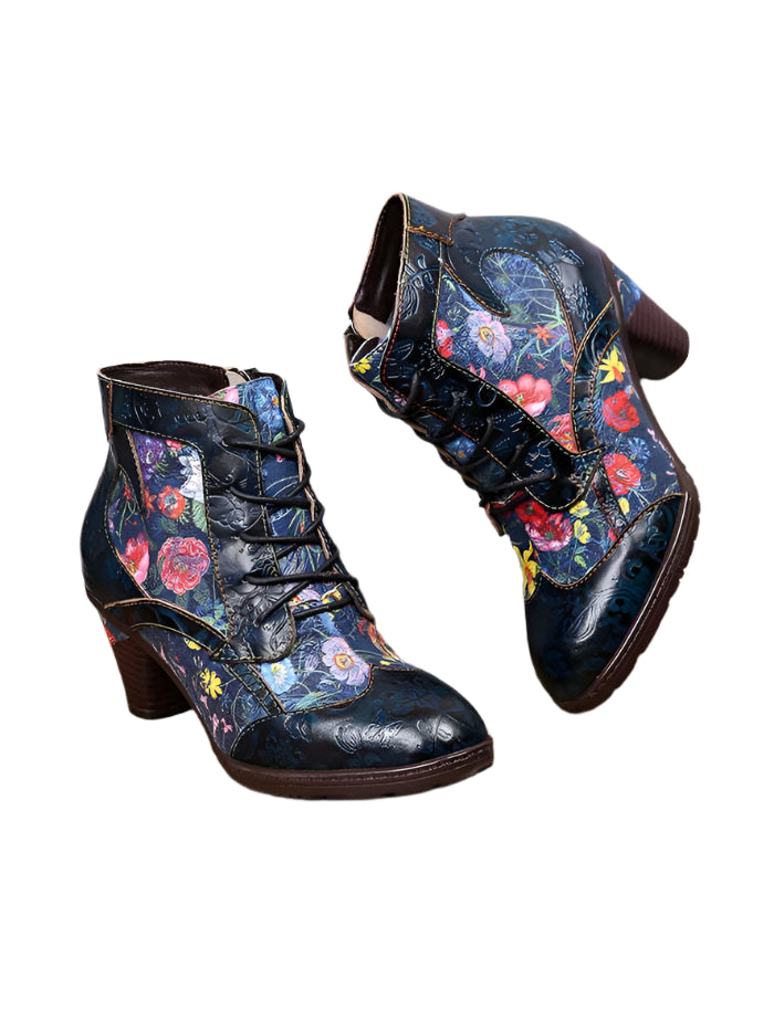 Cowhide Side Zipper Floral High Heel Ankle Boots