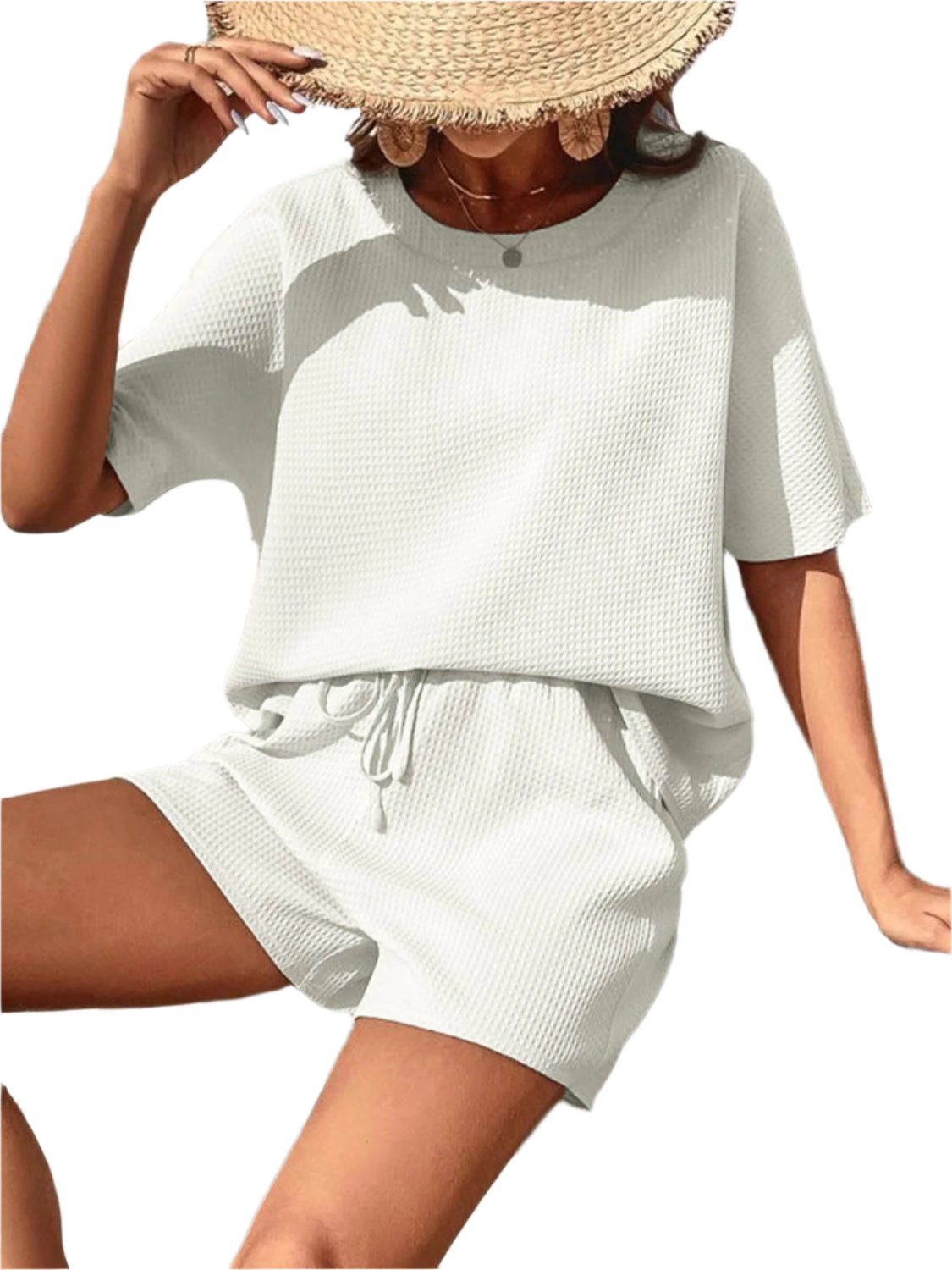 Waffle-Knit Half Sleeve Top and Shorts Set