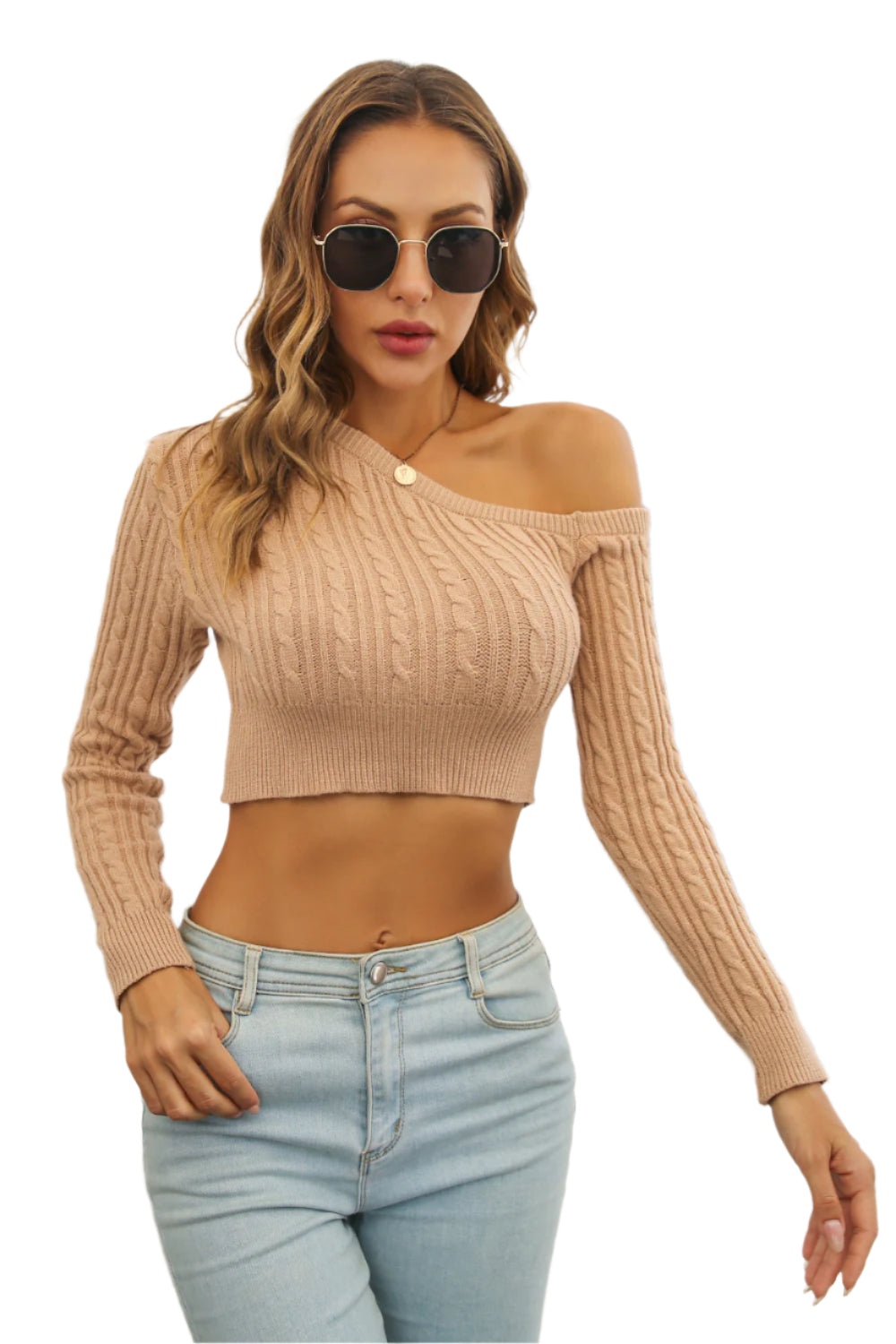 Cable-Knit One Shoulder Long Sleeve Sweater