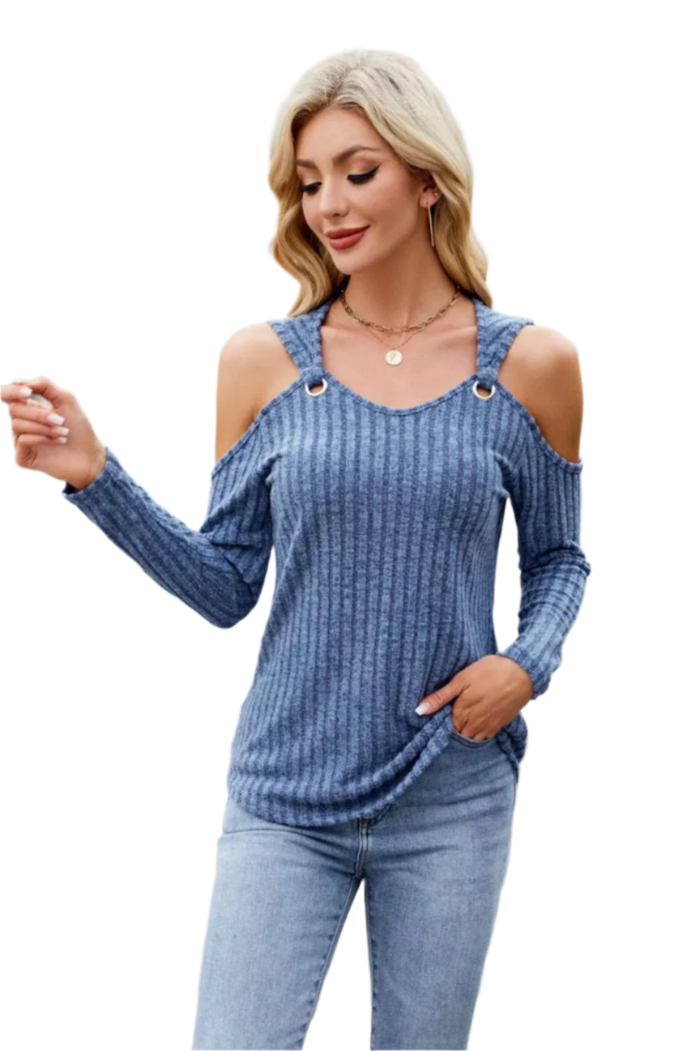 Ribbed Cold Shoulder Long Sleeve Top
