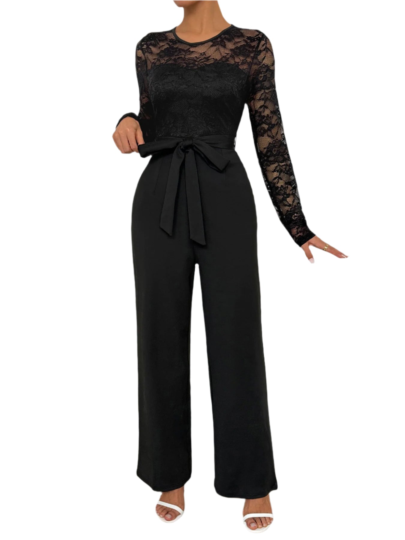 Perfee Lace Round Neck Long Sleeve Jumpsuit