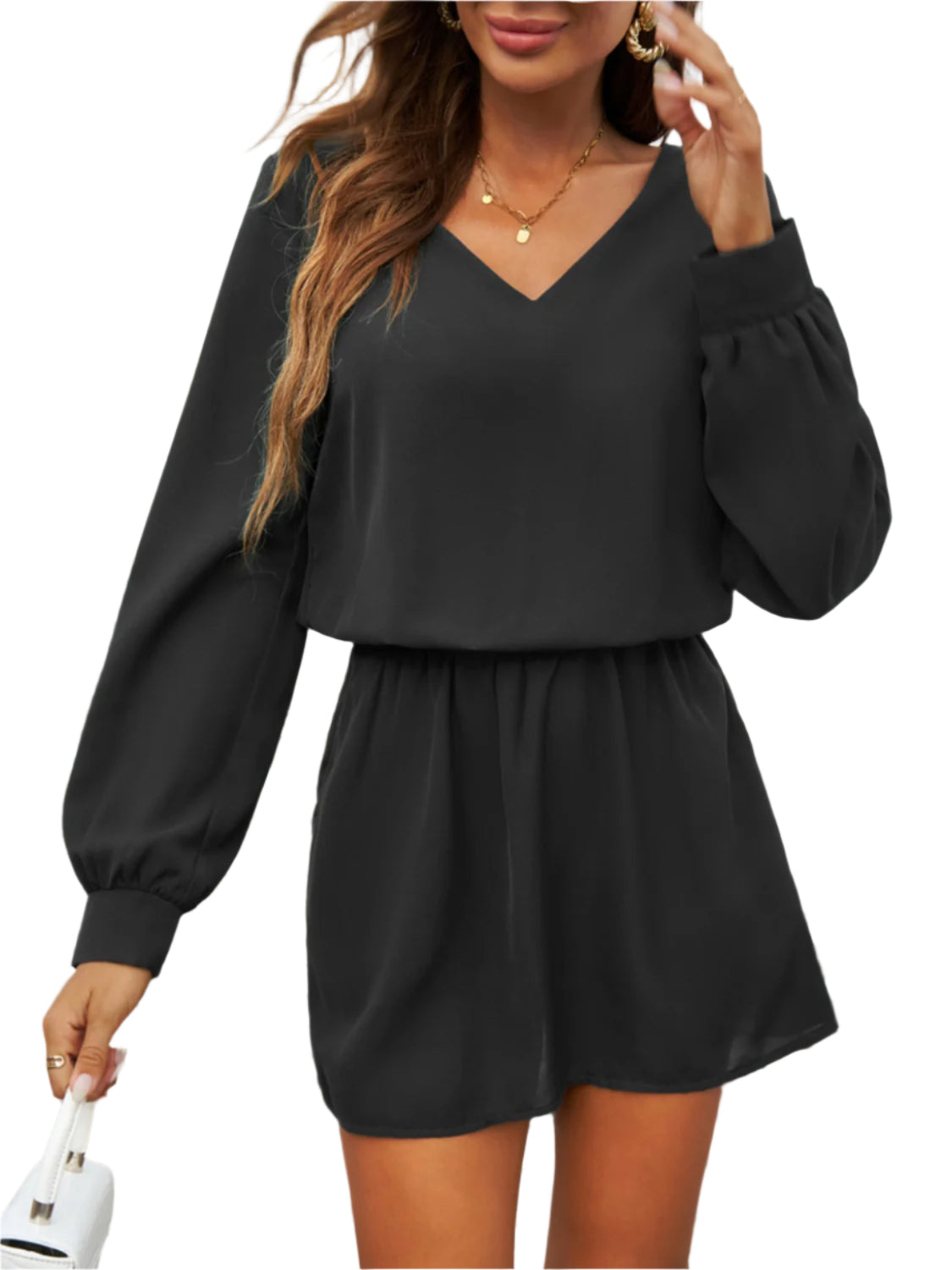 Devine Cutout V-Neck Long Sleeve Mini Dress