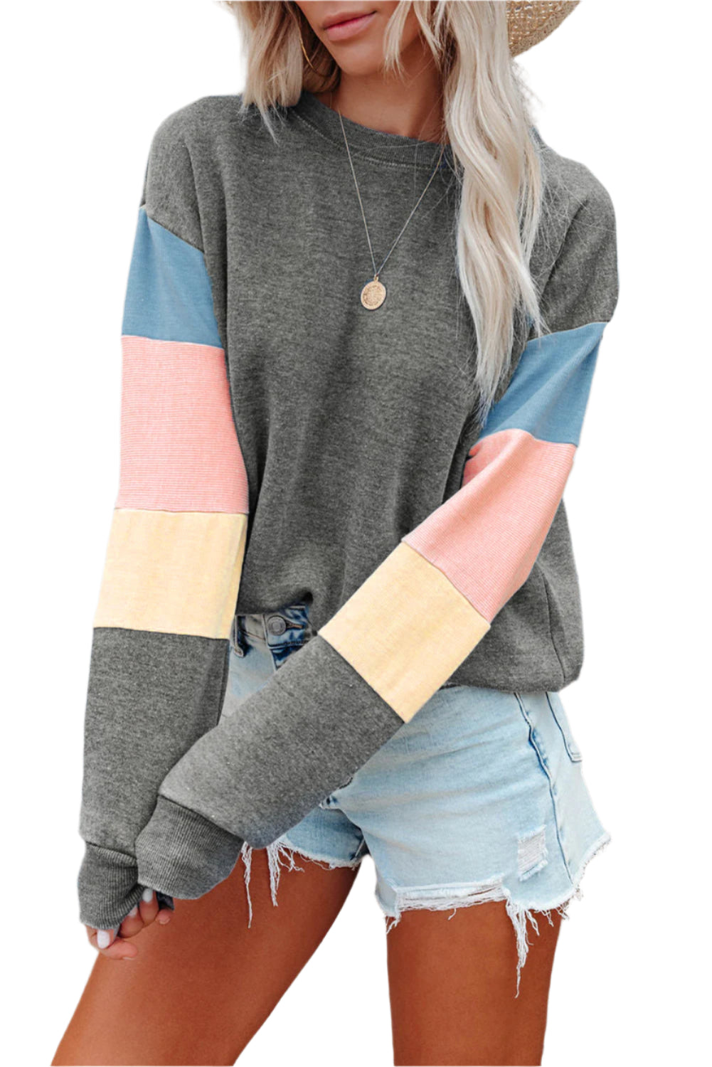 Color Block Round Neck Long Sleeve Sweatshirt
